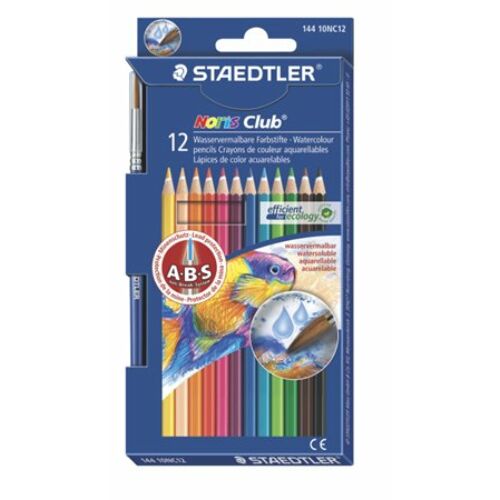 Akvarell ceruza készlet, hatszögletű, ecsettel, STAEDTLER "Noris® aquarell 144 10", 12 különböző szín